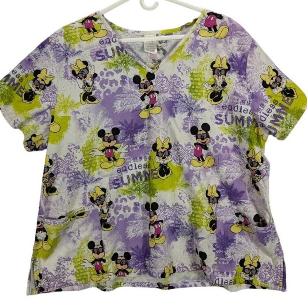 Scrub Top Womens 3X Mickey Minnie Mouse Summer Purple Yellow Short Sleeve Nurse